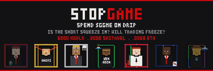 This pixel art image displays "STOPGAME" and text related to crypto trading, including "6000 HODLR", "2000 SHITADEL", and ".0069 ETH", hinting at a short squeeze event. The post references a "6000 hodlr" and "2000 shitadel" upgrade with $GGME, and how one party might freeze trading while the other squeezes shorts.