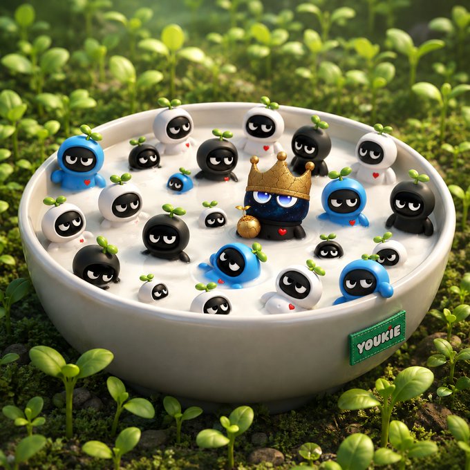 A 3D-rendered white bowl filled with creamy liquid containing small round black, white, and blue characters with sprout leaves on their heads, with a crowned character in the center and a "YOUKIE" label on the bowl.