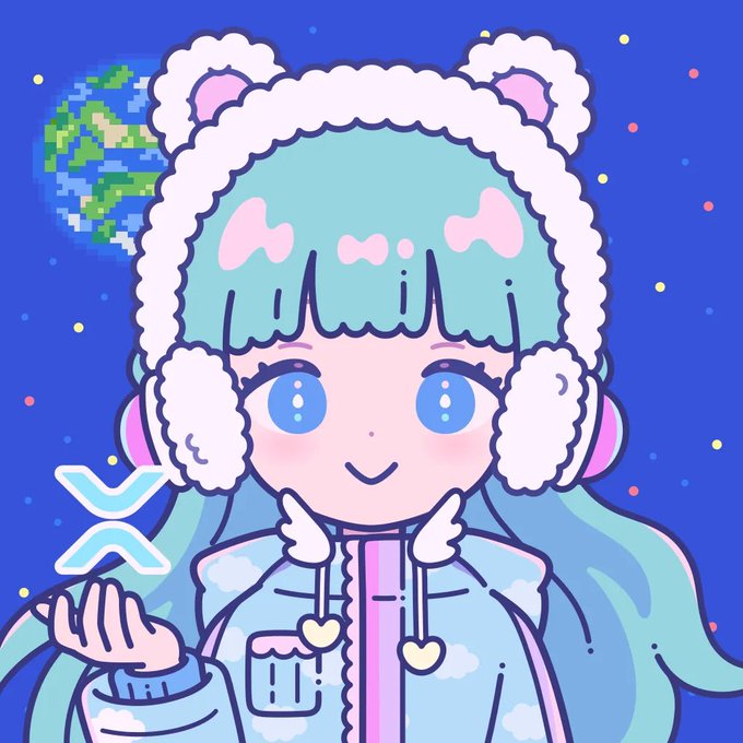 A cute pastel anime-style character wearing a fluffy white bear hat with earmuffs smiles against a blue starry backdrop featuring a pixelated Earth, perfectly capturing the kawaii aesthetic of the $XRP Dropchan mascot featured in the post.