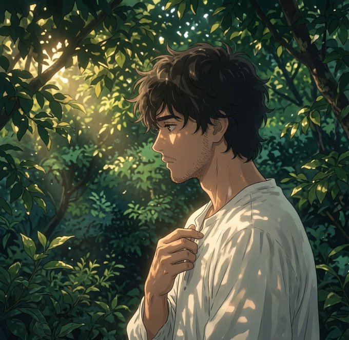A young man with tousled dark hair stands contemplatively in a sun-dappled forest, his profile illuminated by golden light filtering through the lush green canopy as he gazes thoughtfully into the distance, his hand resting near his chest in a gesture of quiet reflection—mirroring the post's meditation on trust, patience, and the steady, transparent delivery that builds credibility in RWA ecosystems over time.