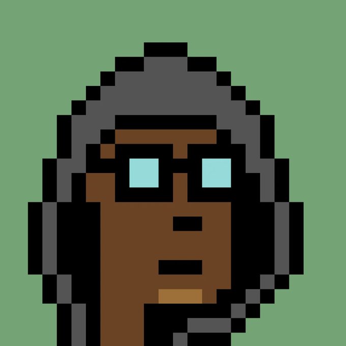A pixel art CryptoPunk character with dark skin, blue eyes, and a gray beanie/hood on a green background, representing the "Hoodie Punk" who secured an 85,000 USDC loan at a favorable 15% effective APR—below the typical 20%+ rate for one-year CryptoPunk-backed loans.