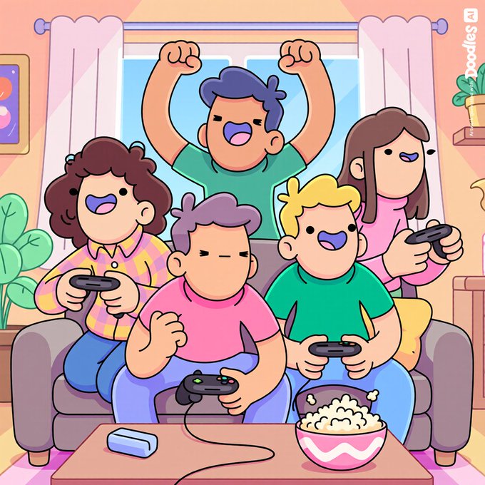 A cartoon illustration of five cheerful characters playing video games on a couch together, with a bowl of popcorn and a controller on the table, credited to 'Doodles' in the corner.