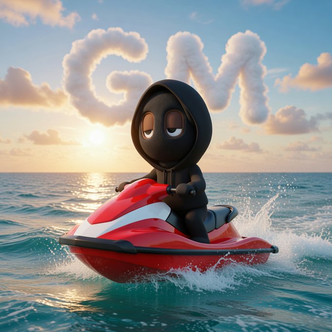 A 3D-rendered cartoon image showing a small black hooded figure with large droopy eyes riding a red and white jet ski across blue ocean waters at sunset, with "GM" formed by white clouds in the sky.
