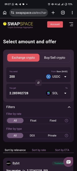 A mobile screenshot of the swapspace.co crypto exchange aggregator showing an exchange of 200 USDC (Base) for approximately 2.285 SOL, with various filter options visible.