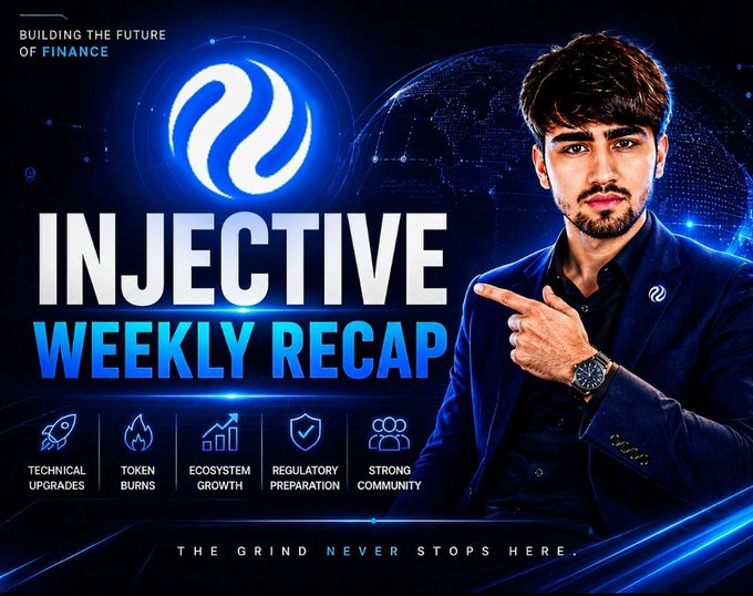 A promotional thumbnail for the "Injective Weekly Recap" featuring a well-dressed man in a blue blazer pointing toward the Injective logo and headline text. The graphic highlights five key themes—Technical Upgrades, Token Burns, Ecosystem Growth, Regulatory Preparation, and Strong Community—along with the taglines "Building the Future of Finance" and "The grind never stops here," visually reinforcing the post's summary of Injective's recent website rebuild and ecosystem developments.