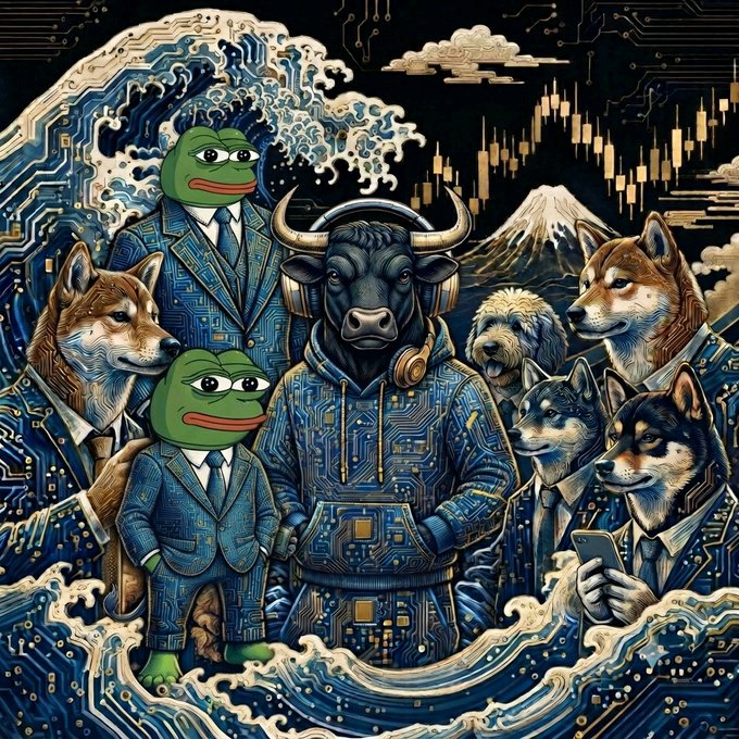A Japanese ukiyo-e style digital illustration parodying 'The Great Wave' with crypto mascots including Pepe the Frog, a bull with headphones, and Shiba Inu dogs rendered in circuit-board patterns amid candlestick charts.