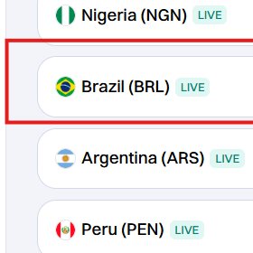 A cropped screenshot of a currency selection list shows Brazil (BRL) highlighted with a red box, alongside other options including Nigeria (NGN), Argentina (ARS), and Peru (PEN), all marked as "LIVE." The image appears to illustrate the early testing of new features on the Startale App platform, specifically highlighting Brazilian Real support as one of the live currency options.