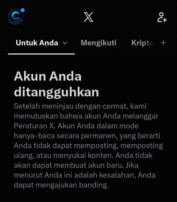 A screenshot of an X (formerly Twitter) notification page in Indonesian stating "Akun Anda ditangguhkan" (Your account has been suspended), explaining the user is now in read-only mode for violating X rules.