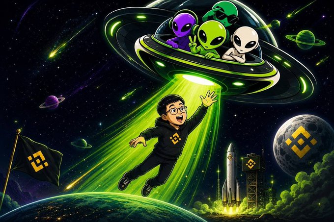 A young man is lifted skyward by a beam of green light emitted from a UFO crewed by three colorful aliens, while rockets launch below and a flag bearing the "CP" CheesePad logo waves beside a moon and planets etched with the same symbol. The image visually captures the post's theme of a speculative "next 100x" market moment, with the aliens beaming the protagonist upward toward an "ALIEN → SPCX" token equity pool launch.