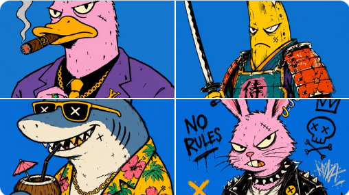 A four-panel cartoon illustration shows anthropomorphic characters including a duck smoking a cigar, a banana samurai, a shark in a Hawaiian shirt, and a punk rabbit with 'NO RULES' written behind it.