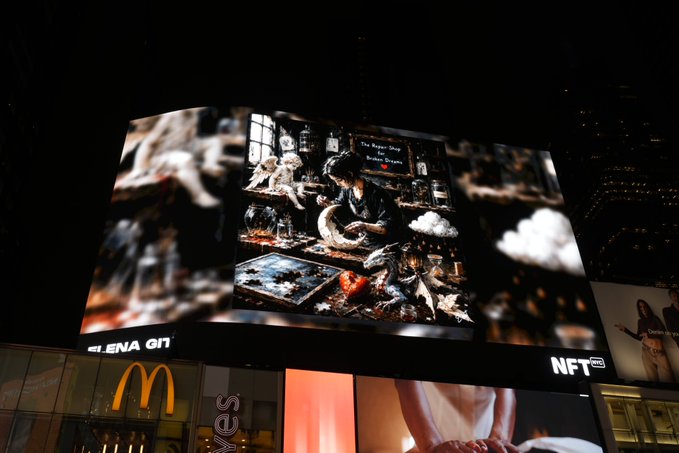 A nighttime view of a large digital billboard displaying various images, including an artist at work, with "NFT" visible on the right and a McDonald's logo below.