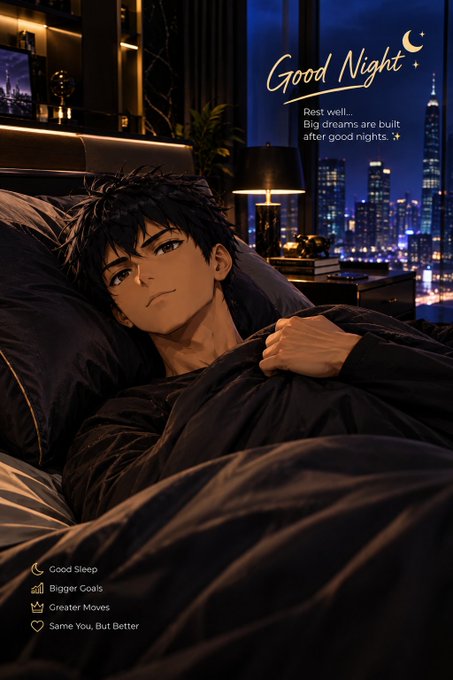 An anime-style illustration of a young man lying in bed at night with a city skyline visible through the window, featuring the text 'Good Night' and 'Rest well... Big dreams are built after good nights.', along with labels 'Good Sleep', 'Bigger Goals', 'Greater Moves', and 'Same You, But Better'.