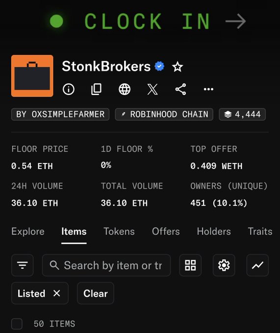 An OpenSea NFT marketplace screenshot shows the 'StonkBrokers' collection with verified badge, displaying a floor price of 0.54 ETH, 24H volume of 36.10 ETH, and 451 unique owners (10.1%) on Robinhood Chain.