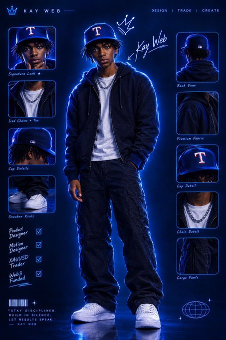 Promotional poster for 'KAY WEB' featuring a young man in a blue tracksuit and 'T' cap, with 'DESIGN | TRADE | CREATE' and labels like 'Signature Look', 'Premium Fabric', and 'Sneaker Kicks'.