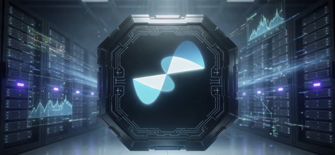A futuristic octagonal digital emblem with a glowing blue infinity-like logo, set against a backdrop of server racks and data analytics displays.