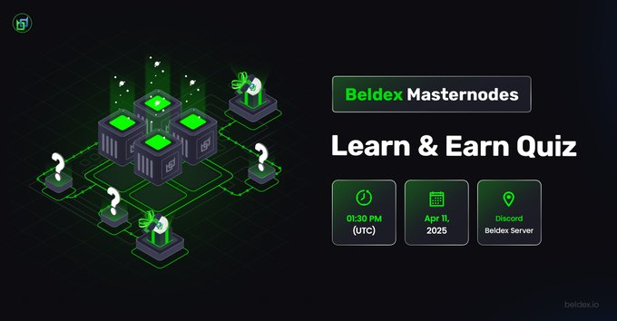 A promotional graphic for 'Beldex Masternodes Learn & Earn Quiz' with details '01:30 PM (UTC)', 'Apr 11, 2025', and 'Discord Beldex Server' alongside 3D isometric illustrations of nodes.
