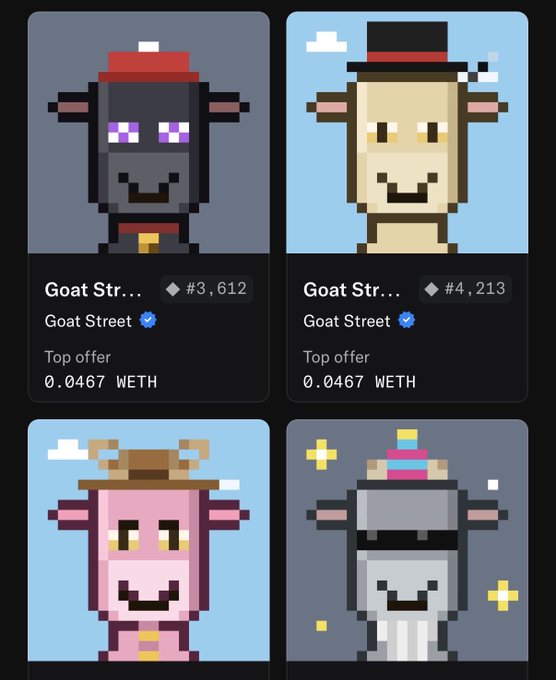 A screenshot displays four pixel-art goat NFT avatars from the 'Goat Street' collection, each with unique hats and accessories, showing top offers like '#3,612 0.0467 WETH' and '#4,213 0.0467 WETH'.
