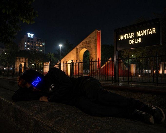 A person in black clothing with 'ENO' glowing on their face lies on a stone surface at night, with a sign reading 'JANTAR MANTAR DELHI' and an illuminated archway in the background.