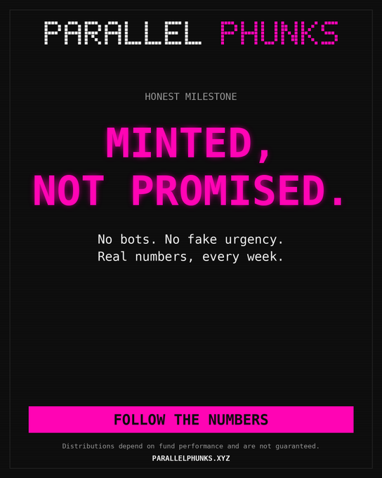 The image is a promotional graphic for “PARALLEL PHUNKS” featuring a “HONEST MILESTONE” announcement: “MINTED, NOT PROMISED,” with “No bots. No fake urgency. Real numbers, every week,” and a “FOLLOW THE NUMBERS” banner. It links to the post’s claim that 3,334 have been minted without bots or artificial urgency, using hashtags related to RWA, Robinhood, Robinhood Chain, and Robinhood NFTs.