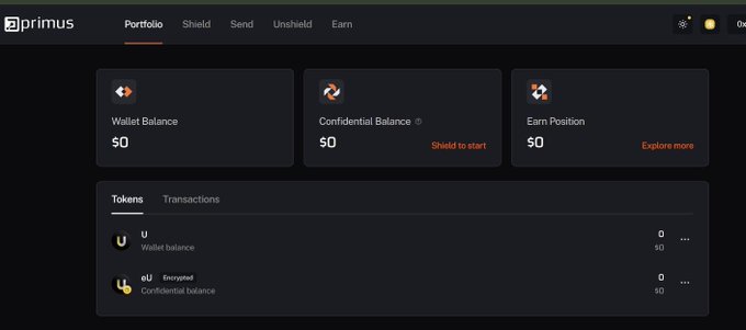 A screenshot of the Primus crypto wallet interface showing a Portfolio view with Wallet Balance, Confidential Balance, and Earn Position, all at $0, with tokens U and eU listed below.