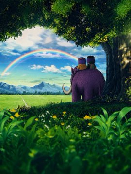 Two figures ride a purple elephant together through a lush green meadow, gazing at a rainbow arching over distant mountains, with no visible text in the image. The scene's hopeful, forward-looking atmosphere mirrors the post's message of believing in what's ahead, suggesting a shared journey toward a promising future.