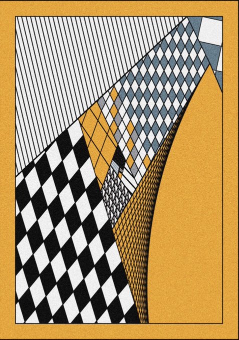 An abstract geometric artwork featuring black-and-white checkered patterns, diagonal stripes, and gold/yellow accents arranged in overlapping triangular forms.