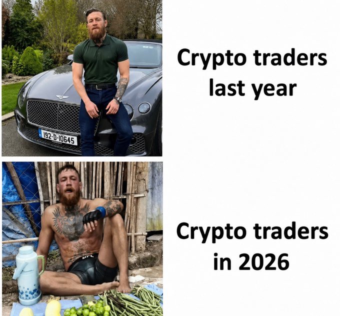 A two-panel meme showing Conor McGregor; the top labeled 'Crypto traders last year' shows him standing in a green shirt next to a Bentley, and the bottom labeled 'Crypto traders in 2026' shows him shirtless and sitting on the ground with vegetables.