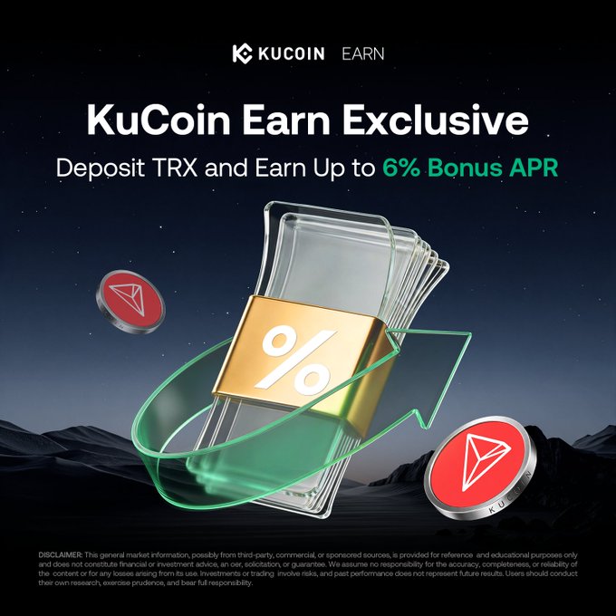 A promotional graphic for KuCoin Earn featuring the text "KuCoin Earn Exclusive - Deposit TRX and Earn Up to 6% Bonus APR" alongside a stack of transparent cards, a gold "%" emblem wrapped in a green ribbon, and red TRX coins against a starry mountain landscape, visually reinforcing the offer's message of staking TRX to unlock bonus interest rate rewards.