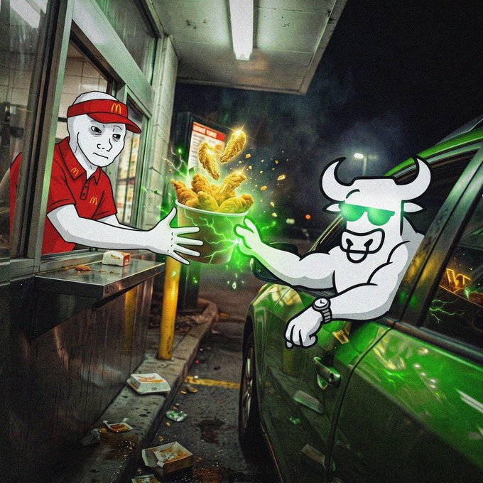 A McDonald's drive-thru scene where an anthropomorphic bull wearing sunglasses receives glowing green energy fries from a zombie-like employee in a red uniform.