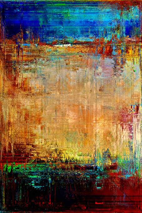 An abstract painting featuring vibrant, textured layers of deep blue, orange, rust, green, and red colors with vertical streaks and drips.