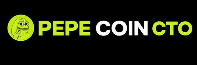 The image is a bold logo banner featuring the green Pepe the Frog character on the left alongside the text "PEPE COIN CTO" in white and green on a black background. It serves as a promotional graphic for $PEPECOIN, aligning with the post's message about the token's simple branding, growing community, and presence on Robinhood Chain.