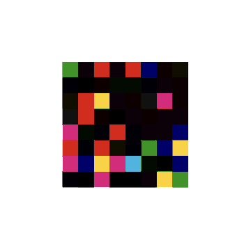 A colorful pixelated artwork resembling a Rubik's Cube pattern, displayed in a grid of red, green, blue, yellow, magenta, and black squares, which the post identifies as a "Credit Rubiks maxi" collectible from the artist @MadaCollects.