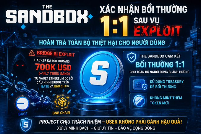 A promotional graphic for The Sandbox announces a 1:1 compensation ('XÁC NHẬN BỒI THƯỜNG 1:1') after an exploit, stating hackers stole 700K USD (~14.7 trillion SAND) and promising full reimbursement without minting new tokens.