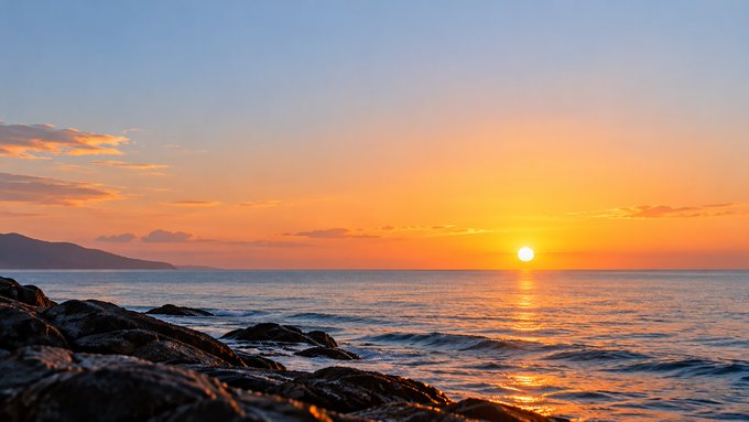 A serene photograph of a sunset over the ocean, with the bright sun near the horizon reflecting on the water, framed by dark rocks in the foreground.