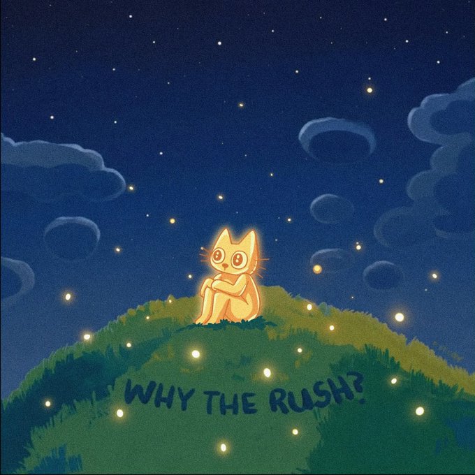 A glowing yellow cat sits peacefully on a grassy hill beneath a starry night sky with soft clouds, accompanied by the handwritten text "WHY THE RUSH?" — a visual metaphor for patient long-term holding of the $CETS token while its deflationary tax mechanism burns supply over time.