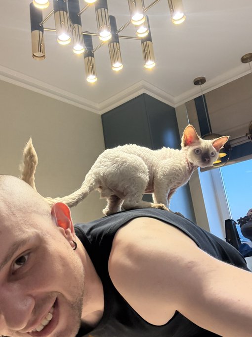 A smiling man takes a selfie while a hairless cat stands on his shoulder, beneath an ornate chandelier in a room with dark green walls.