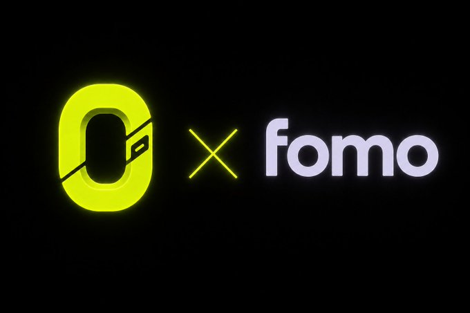 The image features a neon green "0" logo with a wallet-like design next to a yellow "×" and the word "fomo" in white, representing a partnership or collaboration between Ordihood and FOMO Wallet. The graphic visually promotes the launch of the official Ordihood × FOMO wallet, as announced in the accompanying post.