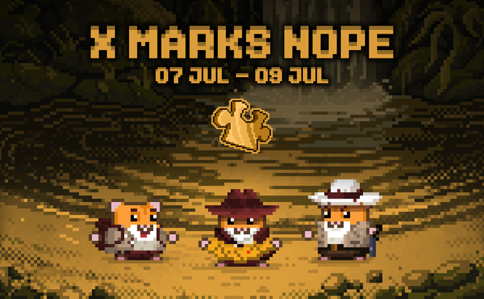 A pixel art promotional banner reads "X MARKS HOPE 07 JUL — 09 JUL" above three hamster characters in cowboy attire (explorer, farmer, and prospector) with a glowing bell icon, advertising a themed in-game event with quests and bonuses.
