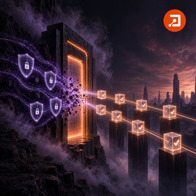 A dramatic fantasy scene depicts purple energy shields with padlock icons and a glowing orange doorway clashing with flowing data streams of golden verified cubes above a distant futuristic cityscape.