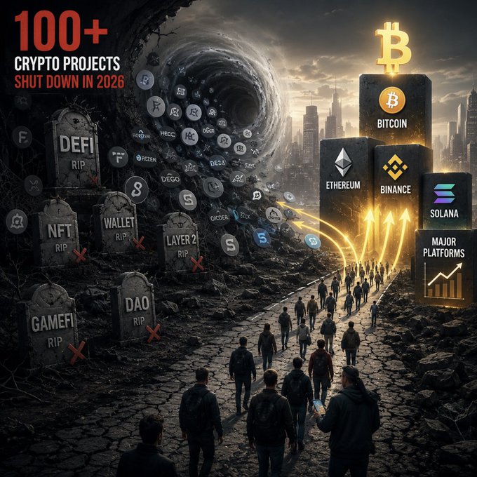 An ominous illustration titled '100+ CRYPTO PROJECTS SHUT DOWN IN 2026' depicts people walking toward a glowing city of major platforms (Bitcoin, Ethereum, Binance, Solana) while a dark vortex swallows fallen crypto projects marked with tombstones like 'DeFi RIP' and 'NFT RIP.'