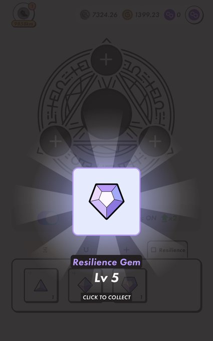 A mobile game screenshot displaying a glowing purple 'Resilience Gem' at Level 5 ready to collect, with in-game currencies of 7324.26 and 1399.23 visible at the top.