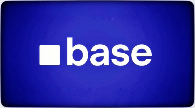 The Coinbase logo (a white square next to the word 'base') displayed on a blue background, representing the Base blockchain network.