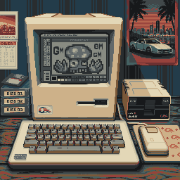 A pixel art illustration depicting a vintage retro computer setup with a beige monitor displaying a game screen, a keyboard, a mouse, and a DeLorean poster on the wall.