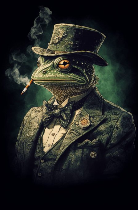A dapper anthropomorphic frog wearing an ornate top hat and Victorian suit smokes a cigarette, embodying the refined "Pepe the Frog" aesthetic associated with the $Pepe memecoin referenced in the post. The image visually reinforces the post's call to list $Pepe on Binance and KuCoin by personifying the meme character as a sophisticated, high-value figure.