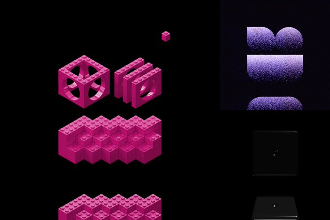 A dark background with pink 3D Lego-like block illustrations and a purple 'B' letter logo.