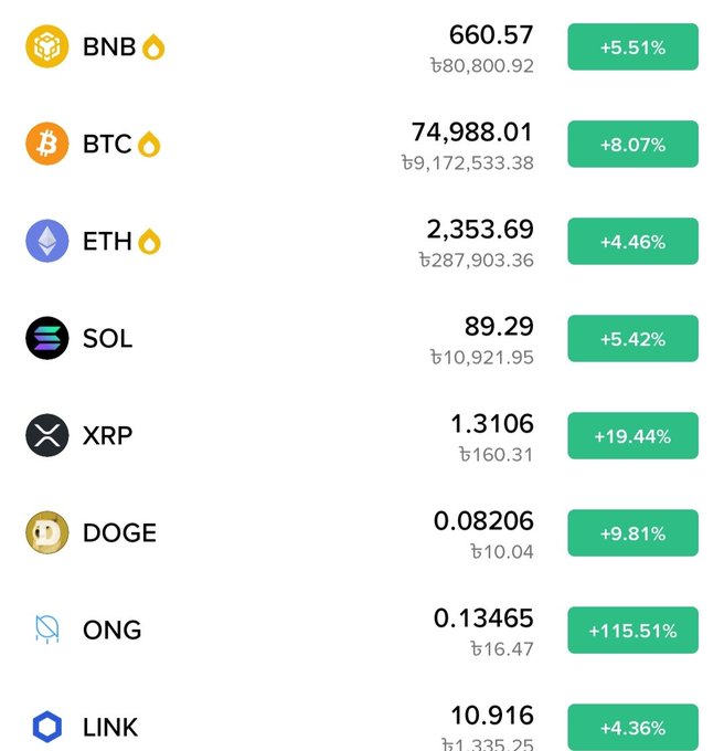 A cryptocurrency price list showing gains across major tokens: BNB (+5.51%), BTC (+8.07%) at 74,988.01, ETH (+4.46%), SOL (+5.42%), XRP (+19.44%), DOGE (+9.81%), ONG (+115.51%), and LINK (+4.36%).