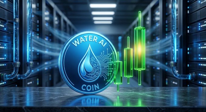 A digital graphic showing a blue 'WATER AI COIN' token with a water droplet design alongside green candlestick charts, set in a futuristic server room.