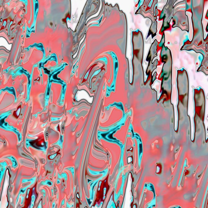 An abstract digital artwork with a liquid metal or chrome effect featuring swirling patterns in pink/coral, turquoise, and silver tones with distorted reflections.