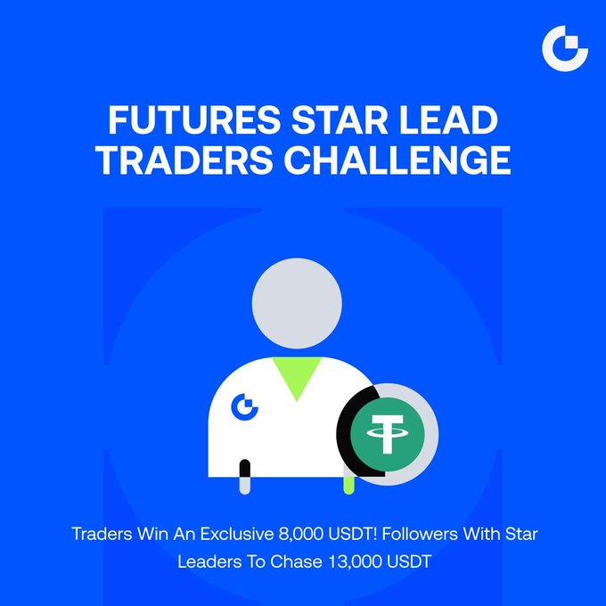 A promotional graphic with a blue background titled 'FUTURES STAR LEAD TRADERS CHALLENGE' featuring an illustration of a trader with Tether (USDT) logo and text about winning 8,000 USDT.