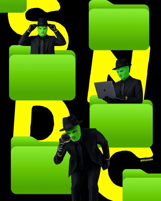 A vibrant graphic design featuring three masked figures in black suits and fedoras with neon green masks, positioned among bright green folders and yellow accents against a black background, credited to "@DKAIEEK".